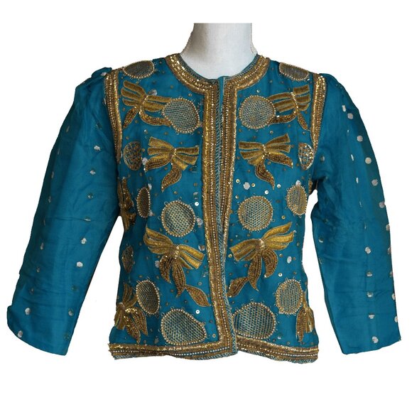 Vintage 80s Silk Beaded Jacket Boho Hippie Blue Highly Embellished Evening Coat - Picture 1 of 16